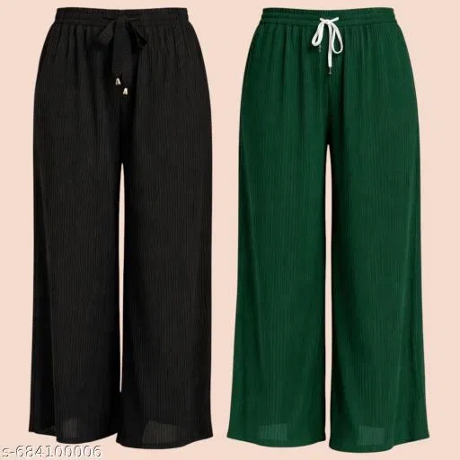 Palazzo Pants for Women, Pack of 2 (Green, S)