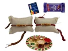 Combo of 2 Pcs Rakhi, 4.5 inch Plate, Greeting Card, Roli Chawal & Chocolate 