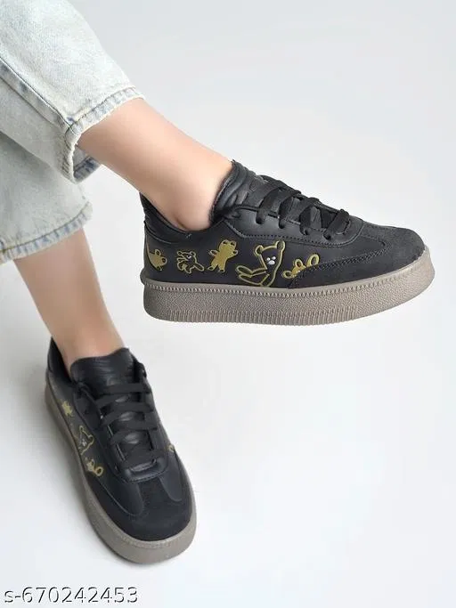 Printed Synthetic Slip-on Sneakers (Black, IND-5)