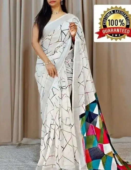 Cotton Linen Printed Saree for Women (Multicolor, 6.3 m)
