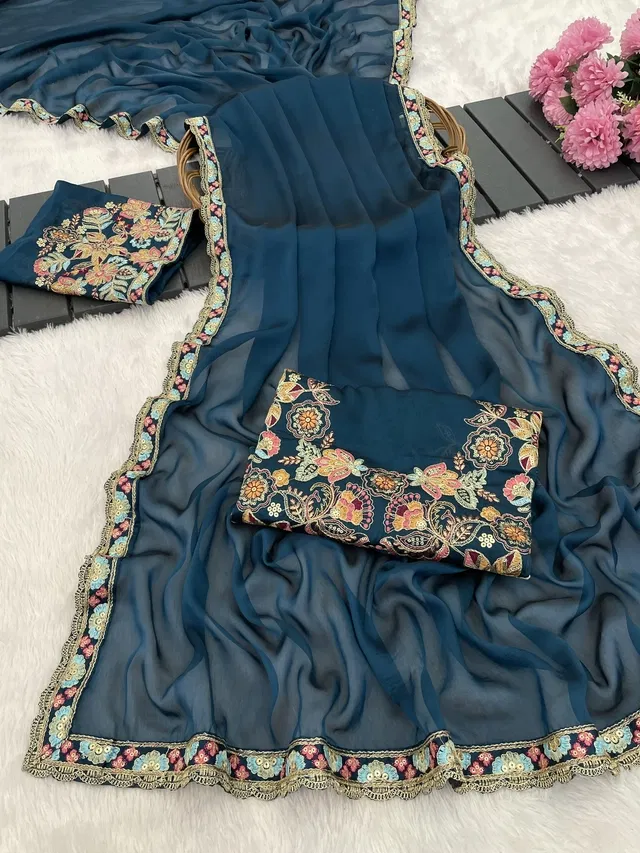 Crepe Solid Saree for Women, Blue (6.3 m)