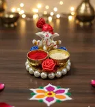 Metal Decorative Ganpati Haldi Kumkum Stand with 2 Roli Chawal Holder, Multicolor
