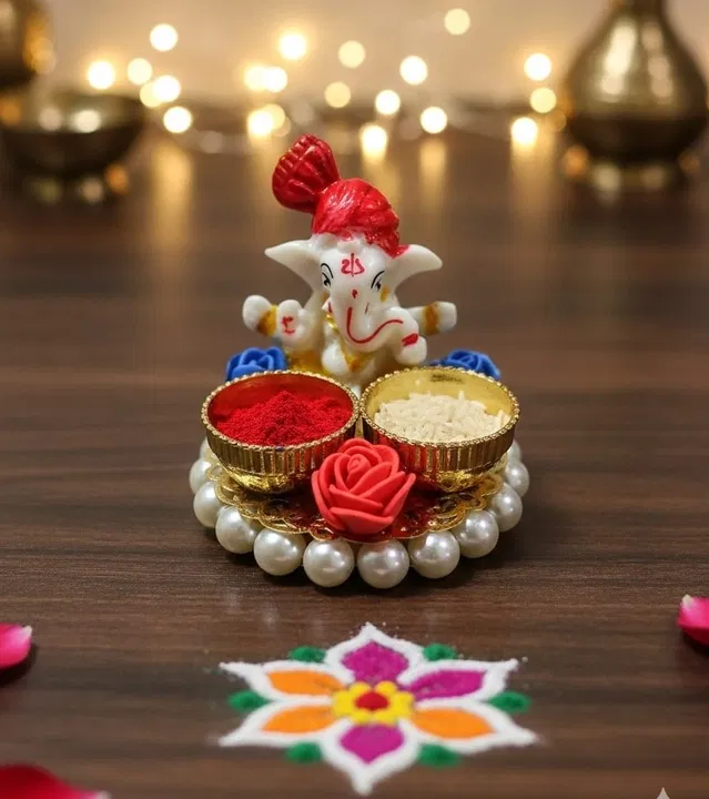 Metal Decorative Ganpati Haldi Kumkum Stand with 2 Roli Chawal Holder, Multicolor