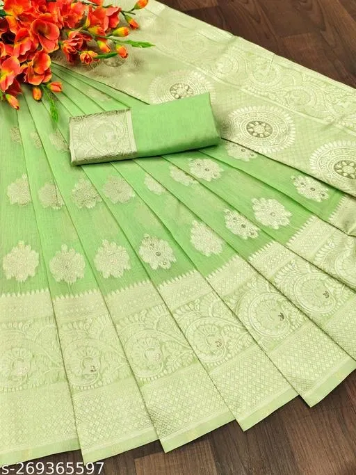 Cotton Linen Zari Woven Saree for Women (Green, 6.3 m)