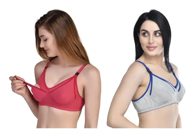 Cotton Blend Solid Non Padded Feeding Bras for Women (Multicolor, 2XL) (Pack of 2)