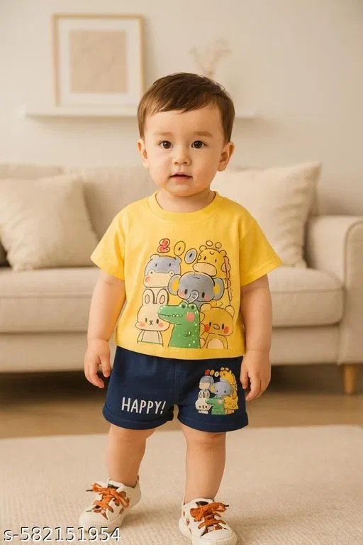 Hosiery Cotton Printed Clothing Set for Kids, Yellow & Blue (0-6 Months)