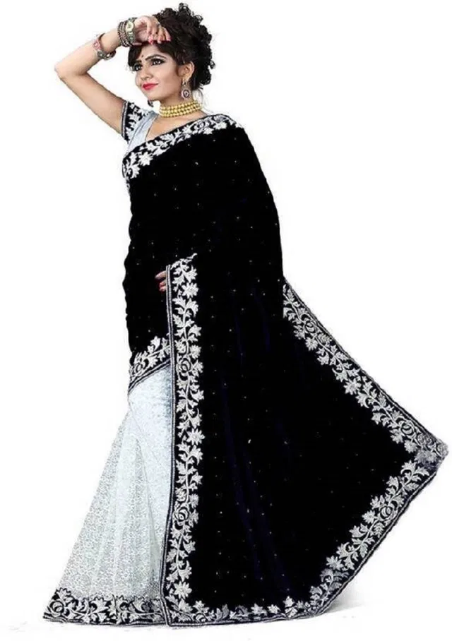 Velvet Embellished Saree for Women (Black, 6.3 m)
