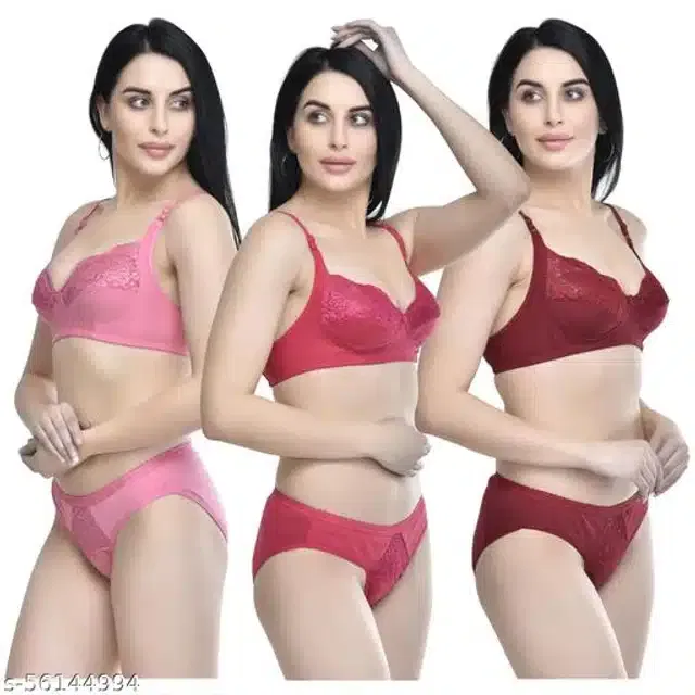 Polycotton Lingerie Set for Women (Multicolor , 34B) (Pack of 3)