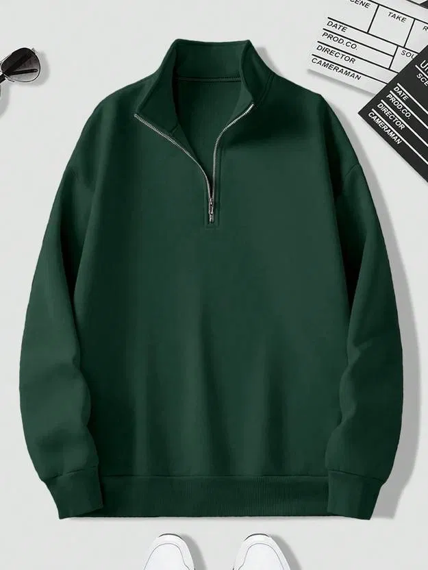 Fleece Solid Sweatshirt for Men, Green (XXL)