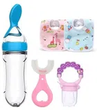 Silicone Food Feeder, Soother & Toothbrush with 2 Pcs Bids for Kids (Multicolor, Set of 4)