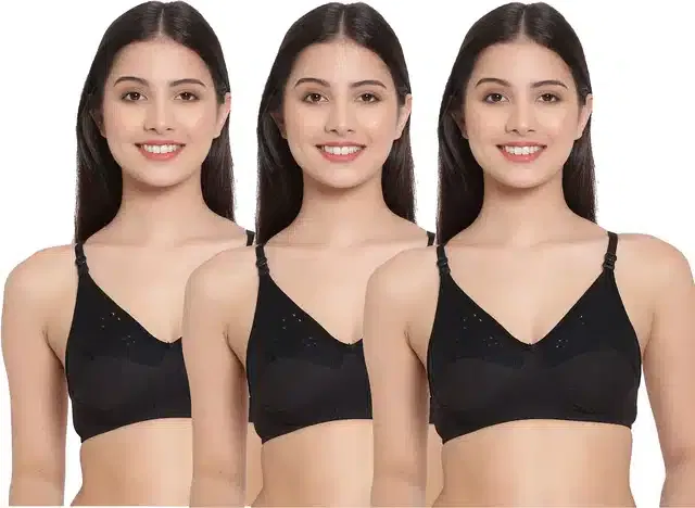 Cotton Blend Non Padded Bra for Women (Black, 44C) (Pack of 3)