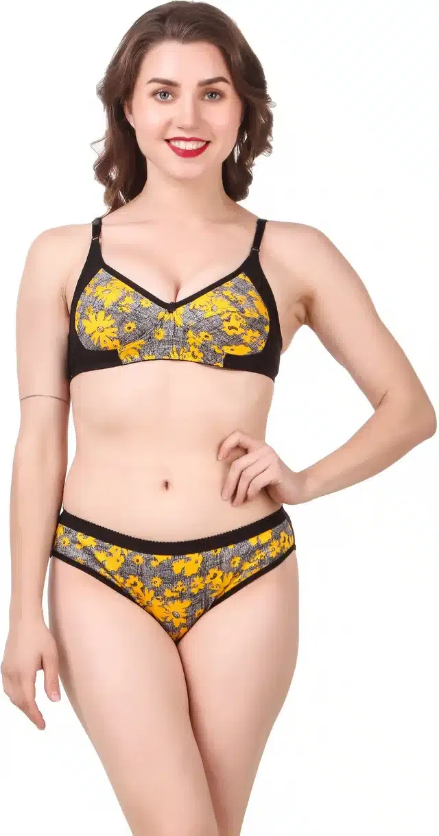 Cotton Blend Lingerie Set for Women (Yellow, 34)
