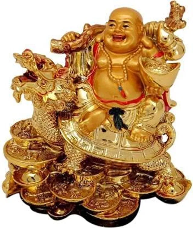 Brass Laughing Buddha Sitting On Dragon Decorative Showpiece (Gold, 8 cm)