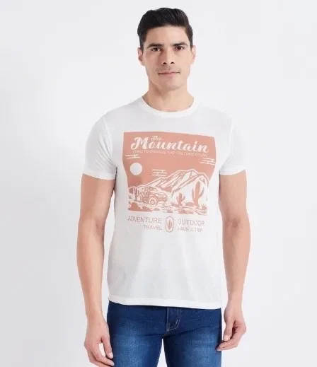 Round Neck Printed T-Shirt for Men (White, L)