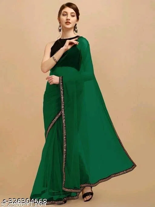 Net Solid Saree For Women, Green