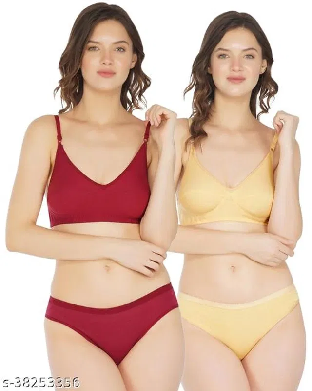 Cotton Blend Solid Lingerie Set for Women (Multicolor, 36A) (Pack of 2)