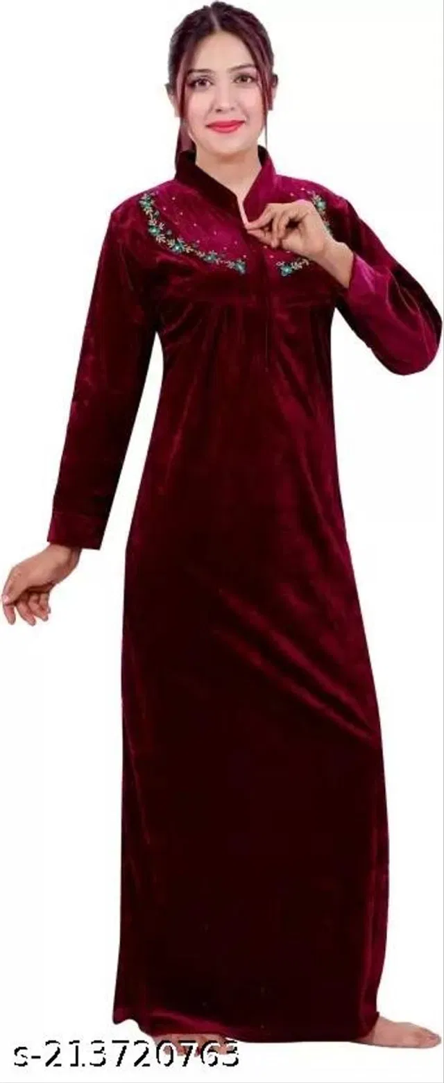 Velvet Nightdress Set for Women (Maroon, Free Size)