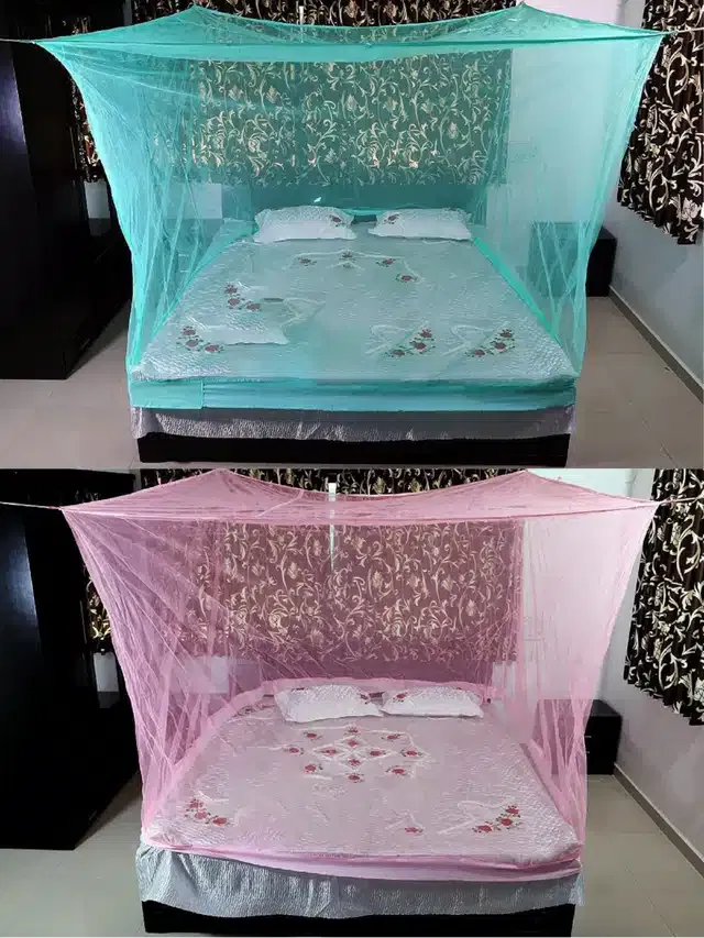 Polyester Double Bed Mosquito Net (Pack of 2) (Green & Pink, 6x6 feet)