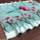 Linen Printed Saree for Women, Sky Blue 