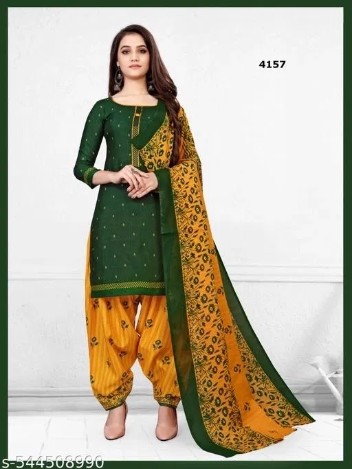 Cotton Blend Printed Salwar Suit Set for Women (Yellow, 4XL)