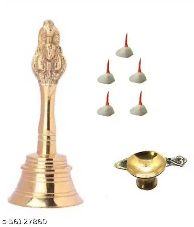 Pooja Bell with Diya & Round Bati (Multicolor, Set of 3)