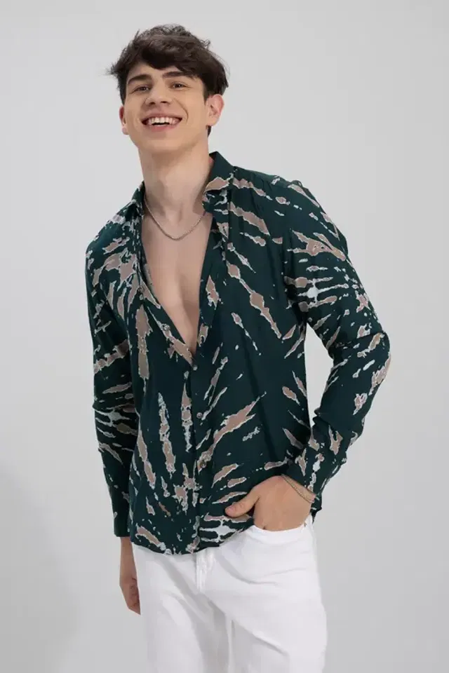Full Sleeves Printed Shirt for Men (Olive & Black, XL)