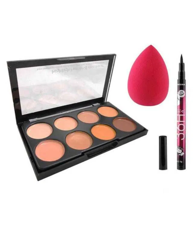 Kiss Beauty Contour Cream Concealer 36 Hrs eyeliner and beauty Blender (100 g, Pack of 3) (S-91)