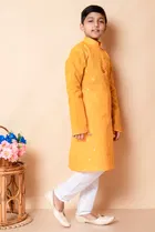 Cotton Blend Embroidery Kurta with Payjama for Boys, Yellow & White 