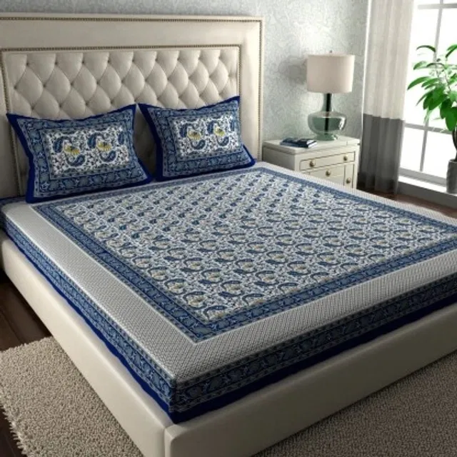 Jaipuri Cotton Double Bedsheet with 2 Pillow Covers | 80x90 Inch | Paisley Blue | Traditional Rajasthani Print