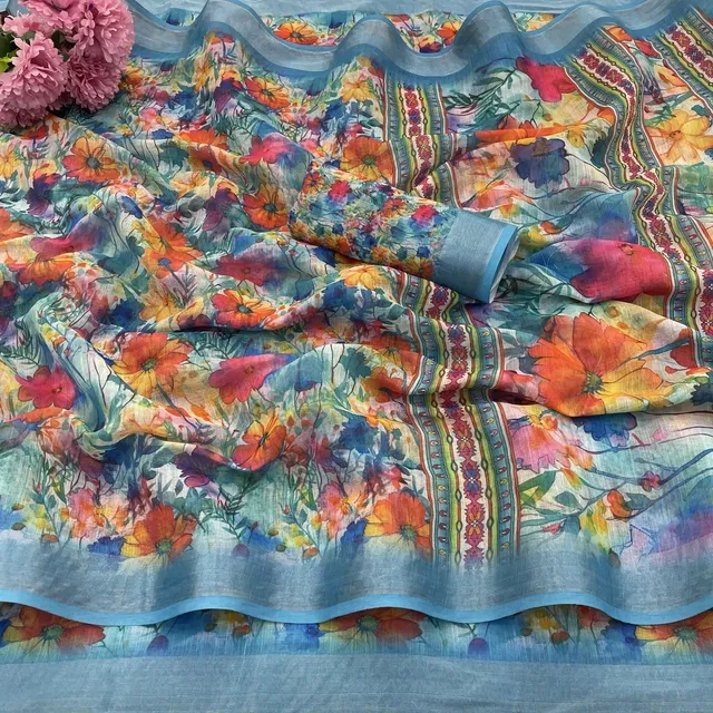 Linen Printed Saree for Women, Multicolor (6.3 m)