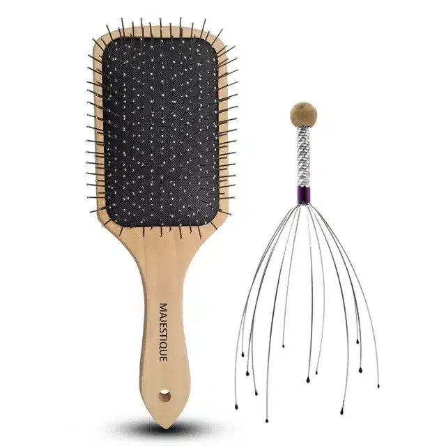 Majestique Wooden Hair Brush and Head Massager (Combo of 2) (B-57)