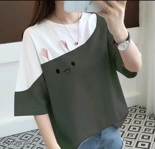 Polycotton Printed T-Shirt for Women, Olive (S)