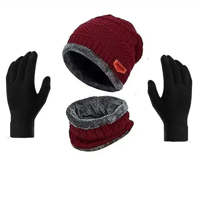Beanie Cap with Neck Warmer & Gloves for Unisex (Red & Black, Set of 3)