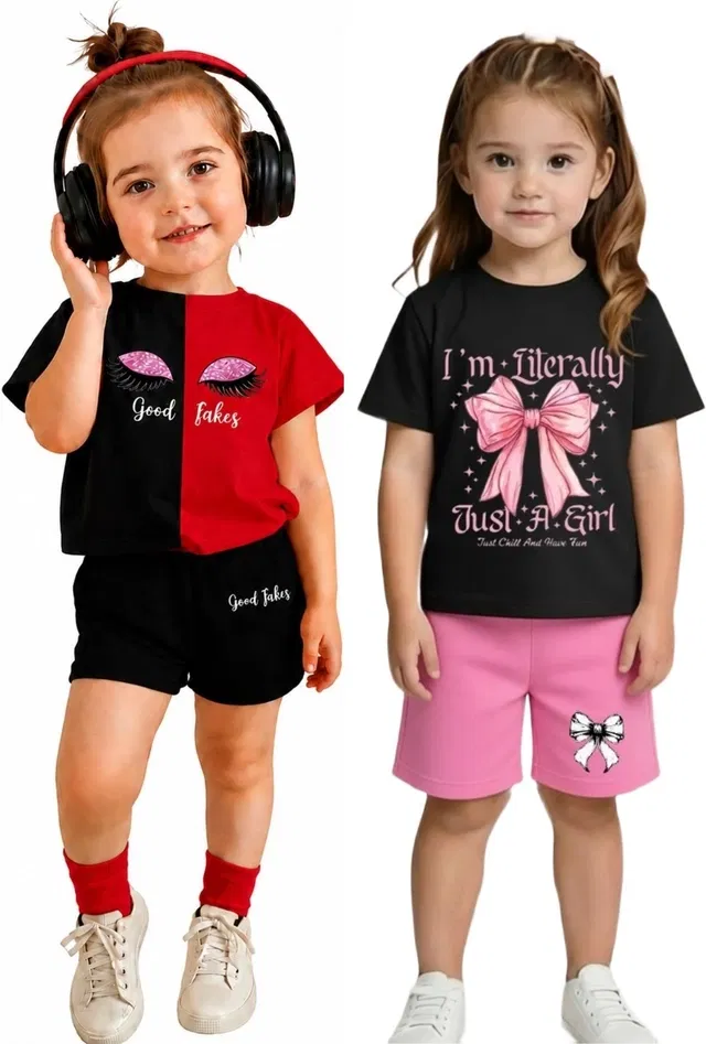 Graphic Print Cotton Blend Clothing Set for Girls, Pack of 2 (Multi, 6-12M)