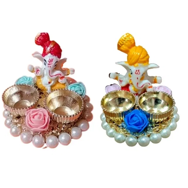 Metal Decoretive Pooja Thali, Multicolour Pack of 2
