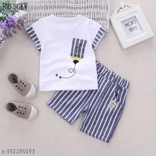 Cotton Printed Clothing Set for Boys (White & Grey, 3-4 Years)