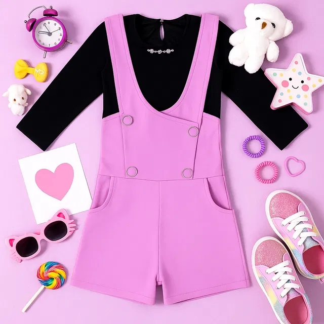 Polyester Printed Clothings Set for Girls (Lavender & Black, 18)