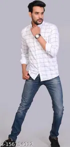 Cotton Blend Checkred Shirt for Men, White 
