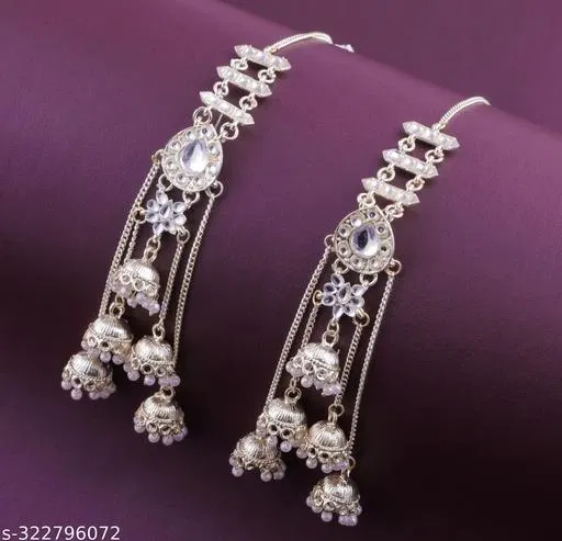 ExclusivE Kundan Jumkee with Ear Chain for Women (White, Free Size)