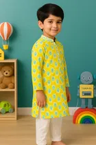 Cotton Blend Printed Kurta with Payjama for Boys, Yellow 