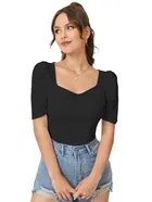 Women's Korean sweetheart Neck with puff sleeve top, Black (S)