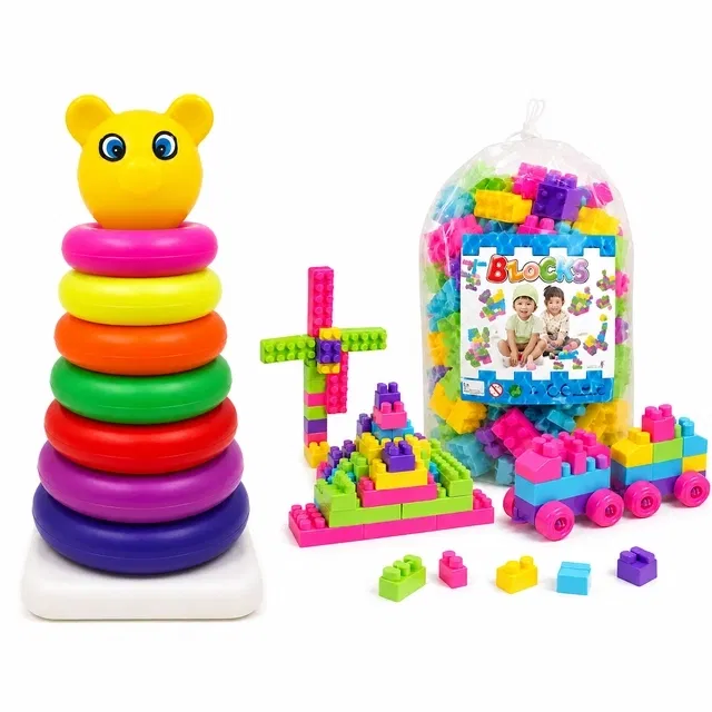 FEVERBAZAR Stacking Ring and Toys Block Set of 50 Pcs (set of 2) Multicolor