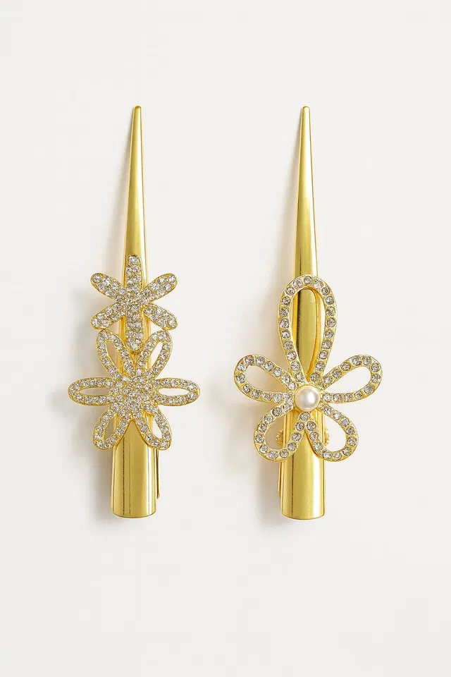 Elegant Gold-Tone Floral Hair Clip Set with Stones for women (Pack of 2)