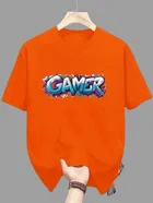 Polyester Printed Half Sleeves T-Shirts For Men, Orange 