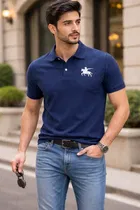 Polo Neck Polycotton T-Shirt for Men, Navy Blue 