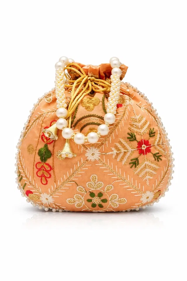 Handcrafted Embroidered Silk Potli Bag, Peach