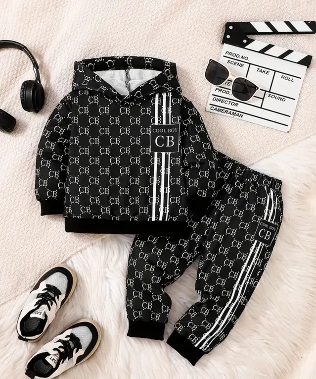 Cotton Hosiery Printed Clothing Set for Boys, Black (3-4 Years)