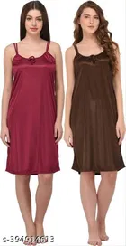 Satin Solid Nightdress for Women, Brown & Dark Pink, Pack of 2 