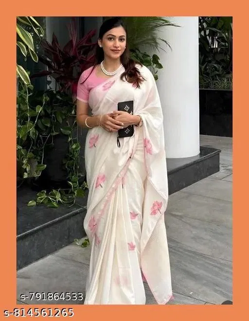 Cotton Linen Saree for Women (White, Free Size)