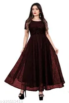 Net Embellished Gown for Women (Maroon, S)